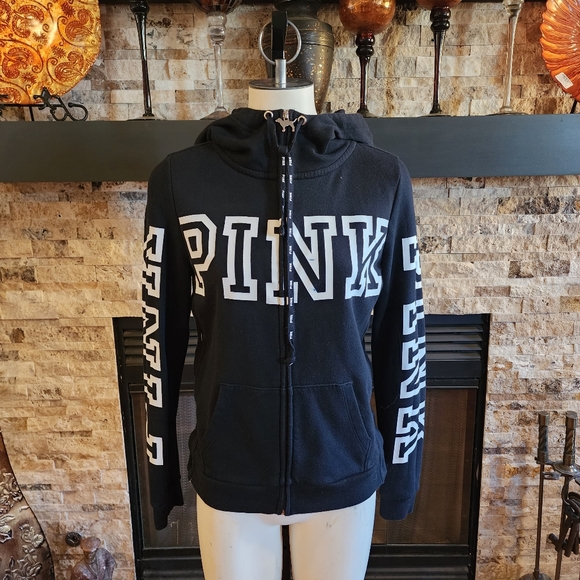 PINK Hoodie with Lettering, Attached Hood, Side Snaps Long Sleeves Size XS - Picture 10 of 11
